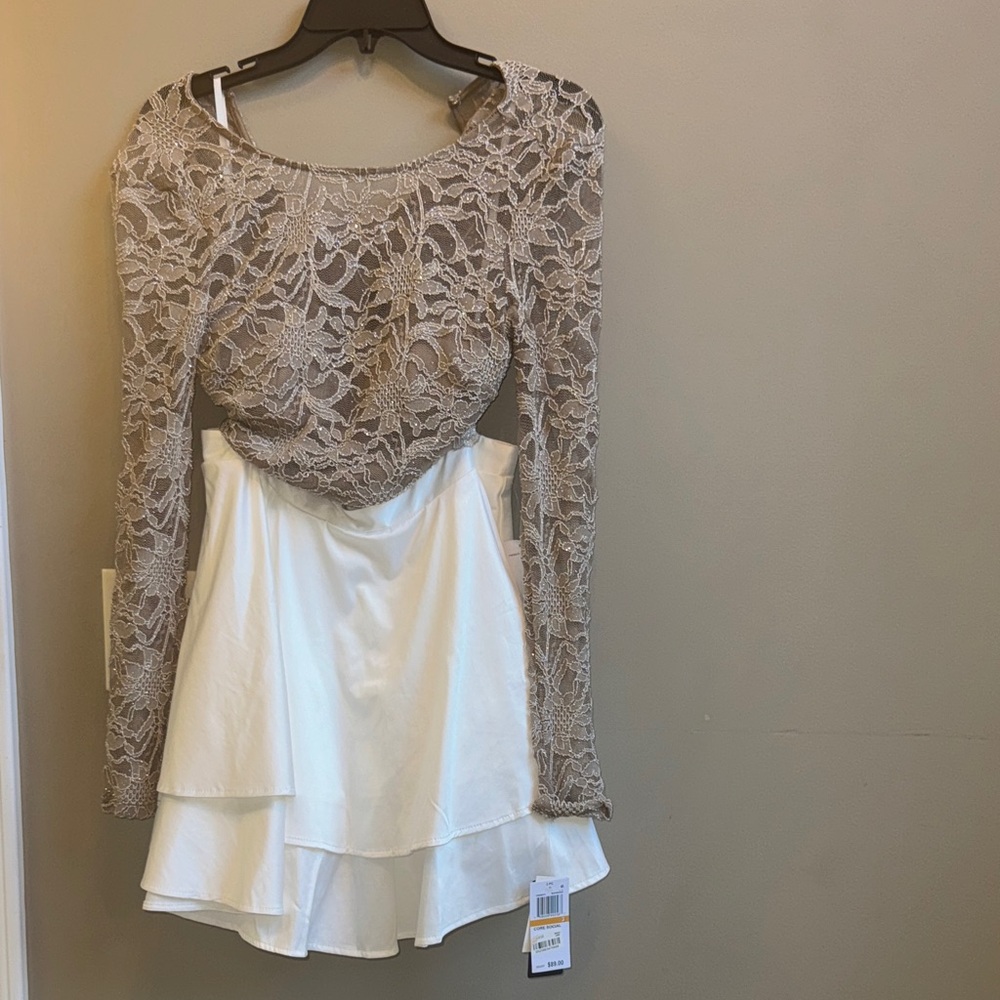 City Studio Shimmer Lace Long Sleeve Skirt and top in Cream and White